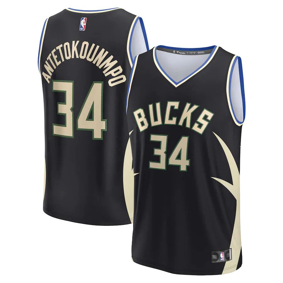 Men Milwaukee Bucks #34 Giannis Antetokounmpo Fanatics Branded Black Statement Edition 2022-23 Fast Break Replica Player NBA Jersey